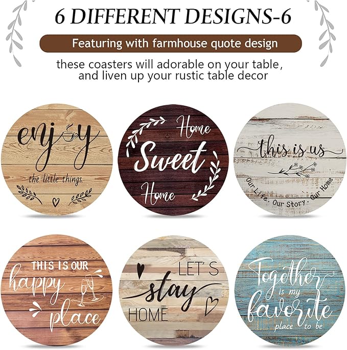 Queekay Coasters Set of 6 House Warming Gifts New Home Wooden Farmhouse Drink Coasters with Holder 4'' Funny Decoration for Kitchen Family Coffee Bar Tabletop Protection(Farmhouse Color)
