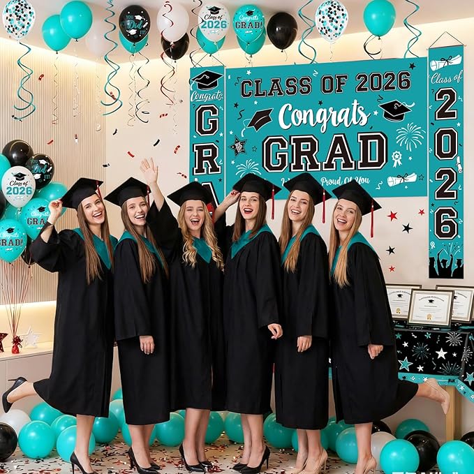 Graduation Teal Decorations 2026 Include Grad Backdrop, Banner, Hanging Swirls, Porch Sign, Balloons for Congrats Grad Party Decorations
