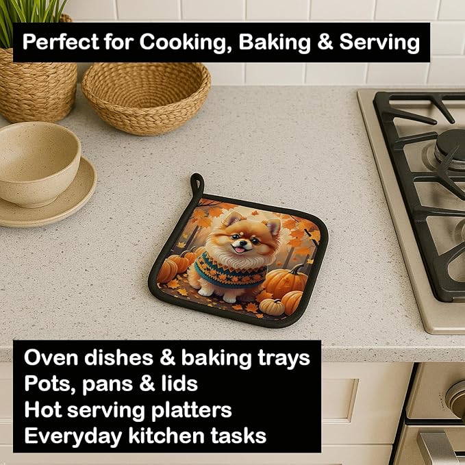 Caroline's Treasures DAC1062PTHD Pomeranian Fall Pair of Pot Holders Kitchen Heat Resistant Pot Holders Sets Oven Hot Pads for Cooking Baking BBQ, 7 1/2 x 7 1/2