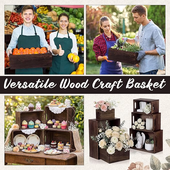 AceOrbit Set of 6 Wood Crates with Handles, Rustic Decorative Storage Boxes Distressed Wooden Nesting Display Baskets for Farmhouse, Wedding, Party Storage Display Supplies (Dark Brown)