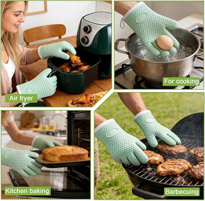 Silicone Oven Mitts Heat Resistant,Waterproof & Non-Slip Oven Gloves with Fingers,Cotton Lined Silicone Oven Gloves Kitchen Mitts for Cooking Baking Grilling and BBQ(Green)