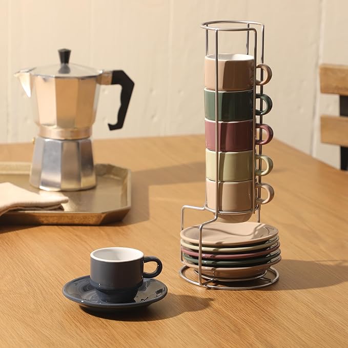Gibson Home Brew Harmony 13 Piece Espresso Cup Set with Metal Rack, Stoneware Espresso Cups & Saucers, Solid Color Stackable Coffee Set, Café Style, Dishwasher & Microwave Safe