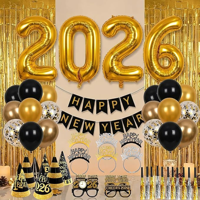 2026 Luxury New Year's Eve Party Decorations Kit | Black Gold White Confetti Balloons Banner, Jumbo 2026 Balloons,Curtain, Champagne Bottle for Countdown Backdrop Supplies