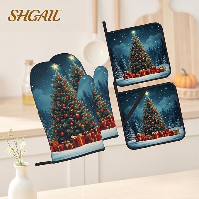 Christmas Winter Oven Mitts & Potholder Set of 4 - Heat Resistant Kitchen Gloves Hot Pads for Baking, Cooking, Gifts for Women
