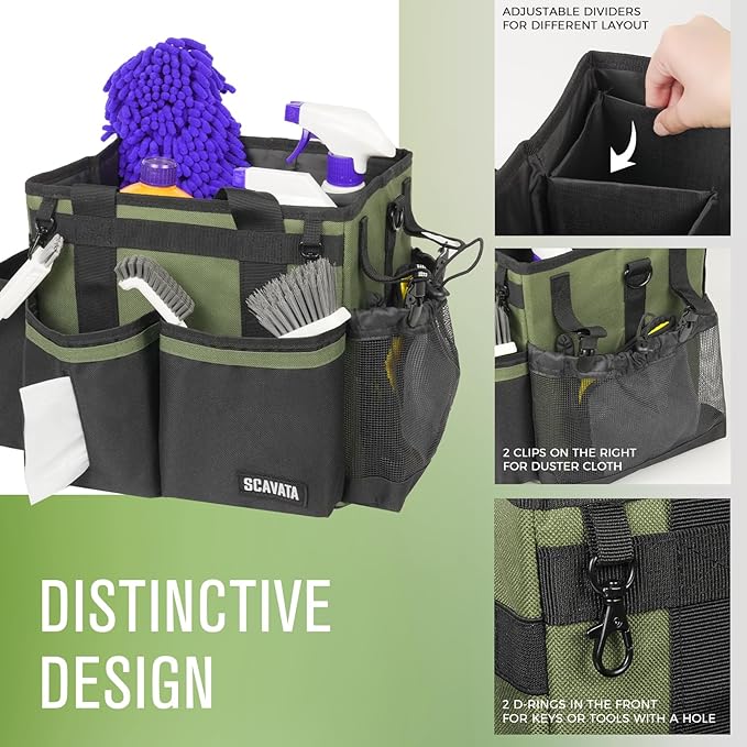 SCAVATA Compact Wearable Cleaning Caddy, Small Cleaning Caddy Supplies Organizer with Handle & Shoulder Straps for Housekeepers, Under Sink & Car Cleaning Tool Organizers Bag (Armygreen)