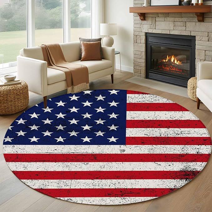 Washable Round Area Rug Independence Day Stars Stripes Retro Circle Rugs Floor Carpet for Living Room Bedroom, Patriotic Flag Red Blue Soft Non Slip Round Rug 5ft