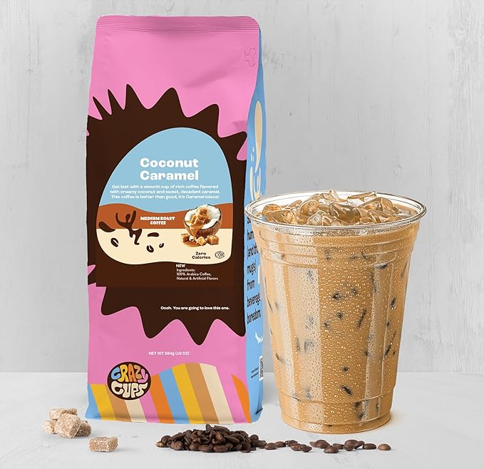 Crazy Cups Flavored Ground Coffee, Coconut Caramel, For Brewing Flavored Hot or Iced Caramel Coffee, 10oz, Pack of 1
