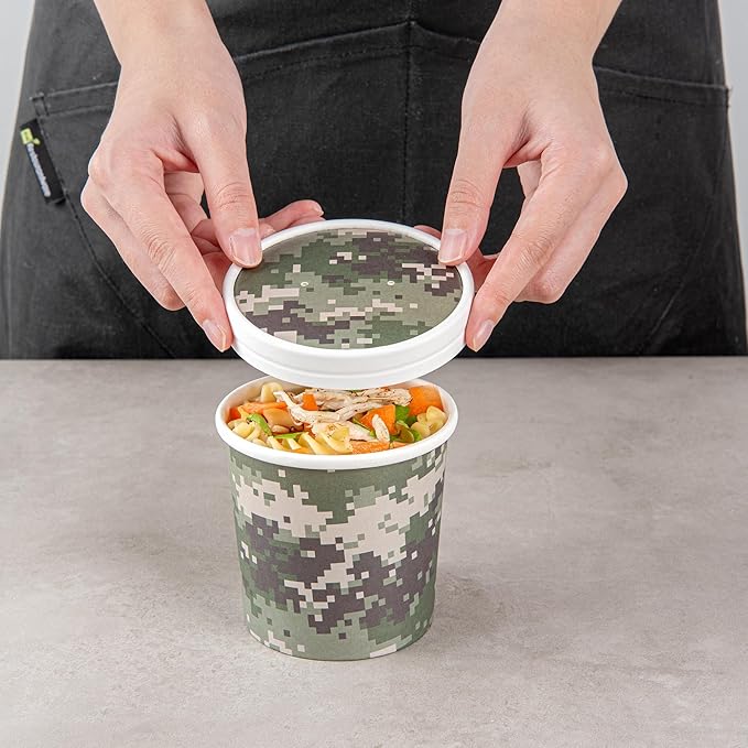 Restaurantware LIDS ONLY: Bio Tek Soup Container Lids 200 Disposable Bowl Lids For 12 Ounce Soup Cups - Containers Sold Separately Vented Camouflage Paper Soup Container Lids Round