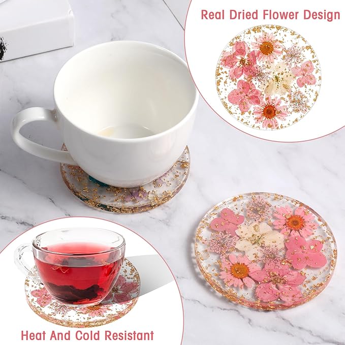 2 Pack Dried Floral Coasters, Flower Drink Resin Coasters Non-SlipDrink Cup Mat for Tabletop Protection Reusable Round Kitchen Utensils for Dining Cups Coffee Bar Mugs Table Wooden Desk