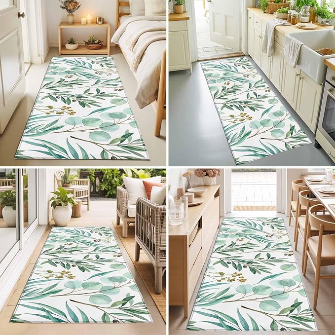 Runner Rug for Bedroom Hallway, Watercolor Eucalyptus Leaves Kitchen Runner Rugs Area Rug 2x6ft, Spring Green Foliage Branch Washable Soft Floor Carpet for Entryway Stair