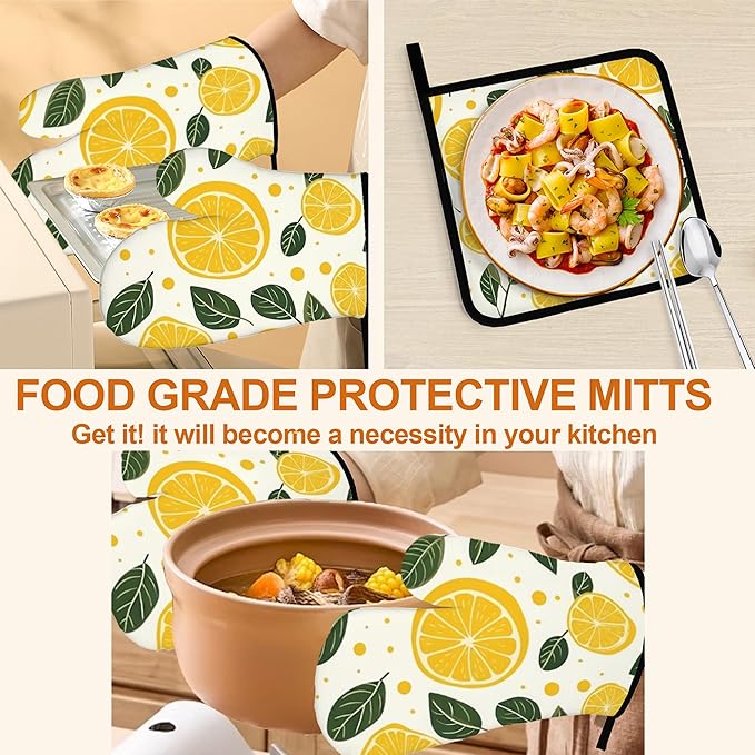 Yellow Lemon Oven Mitts and Heat Resistant Pads - Heat Resistant Gloves Potholder Set of 4 for Cooking, BBQ, Gifts for Women