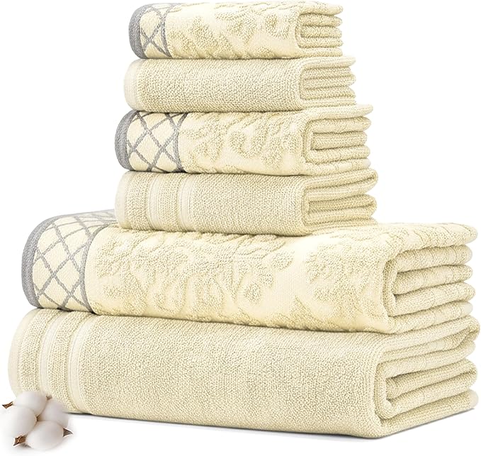 Modern Threads 6 Piece Cotton Bath Towel Set – Ultra Soft 550 GSM Towels – Bathroom Set with Hand Towels and Washcloths – Diamond Border (Ivory Cream)