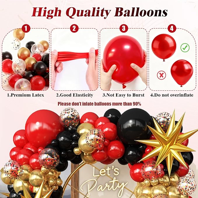 Red Gold Black Balloons Arch Kit Garland for 2026 Graduation Decorations Grad Party Birthday Red Carpet Casino Theme Race Car Birthday Anniversary Party Decorations