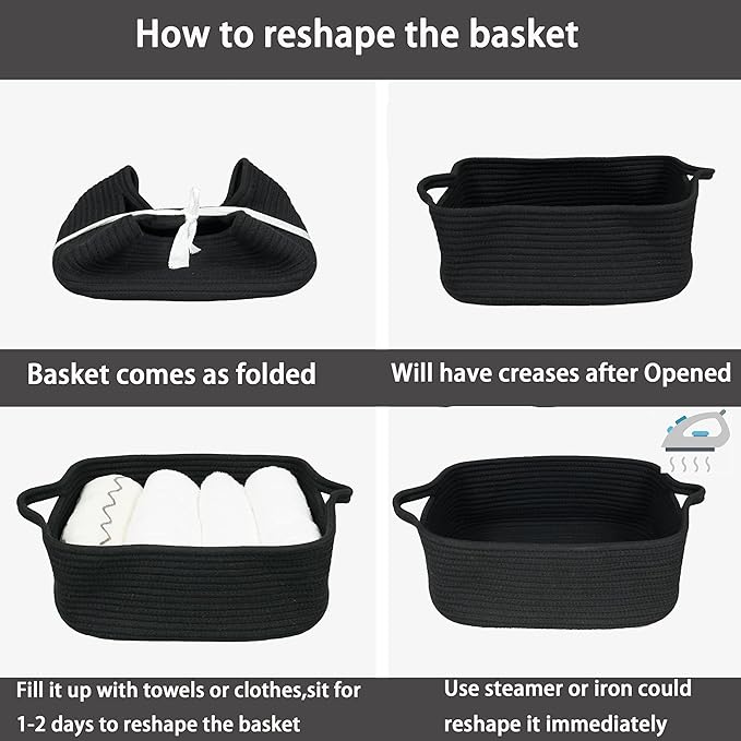 Woven Cotton Rope Storage Basket with Handles for Organizing Shelves Closet Small Cat Dog Pet Toy Basket Box Bin Decorative Rectangle Baby Nursery baskets Gift Baskets Empty Black