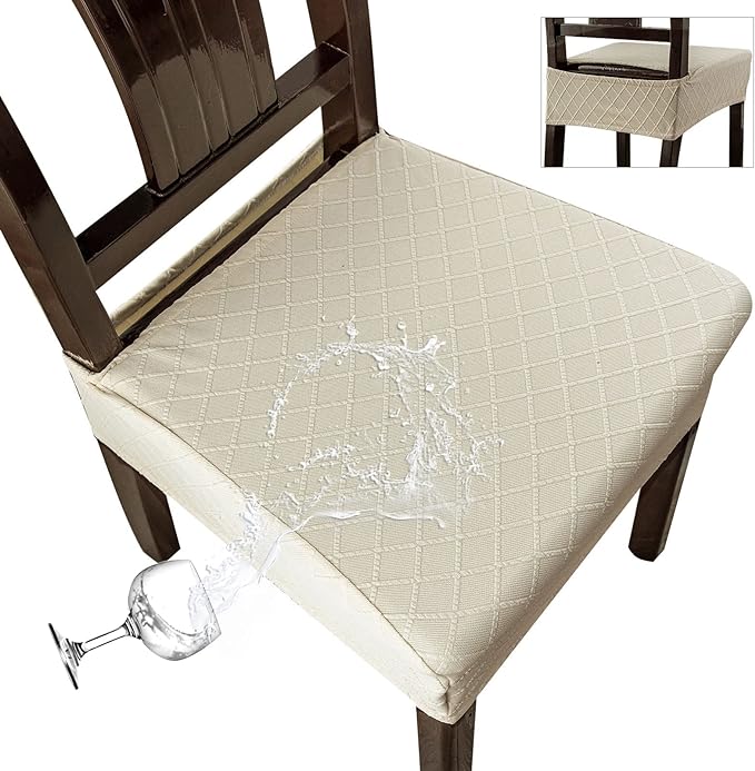 Genina Waterproof Seat Covers for Chairs,Set of 2 Dining Room Chair Seat Covers for Kitchen,Stretch Jacquard Removable Washable Dining Chair Slipcovers Protectors,No Rear Covers, Beige