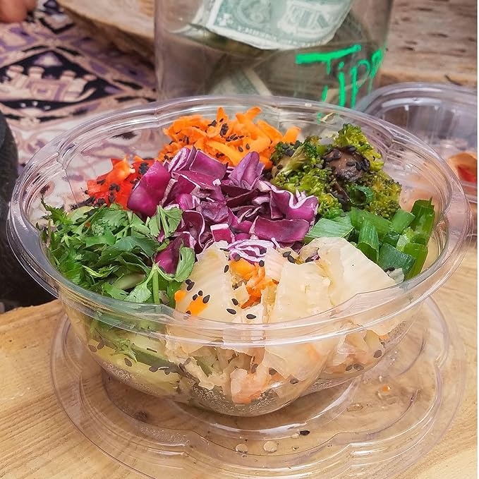 ECO PRODUCTS Compostable Clear PLA Plastic 32oz Salad Bowl With Lid, Case of 150, Grab 'n' Go Round Cold Takeout Food Containers, Renewable Plant-Based, Disposable, ASTM Compliant, BPI-Certified
