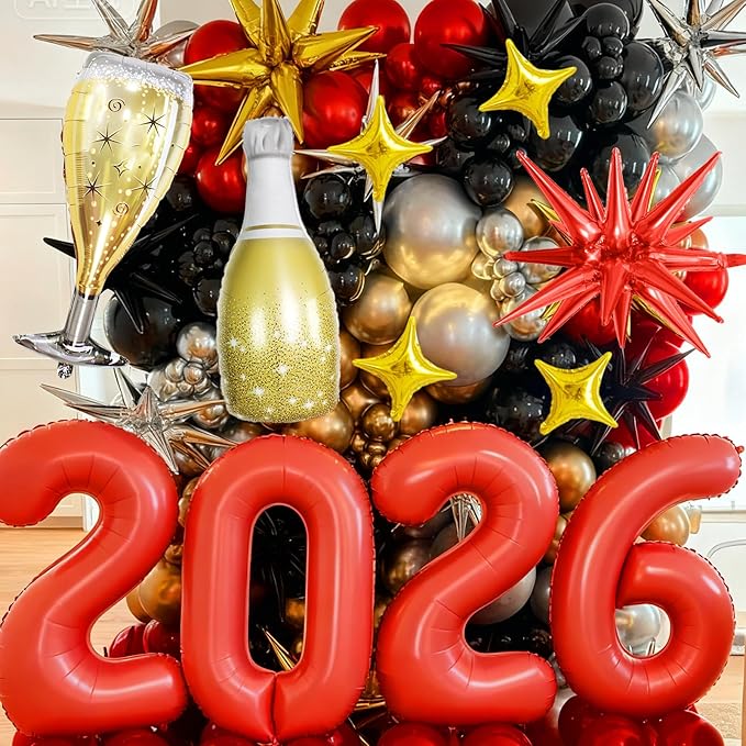Red 2026 Balloons, 40 Inch Number 2026 Red Foil Balloons, Red and Gold Star Balloon with Champagne Bottle Glass Balloon for Happy New Years Eve Party Supplies 2026 Class of 2026 Graduation Decorations