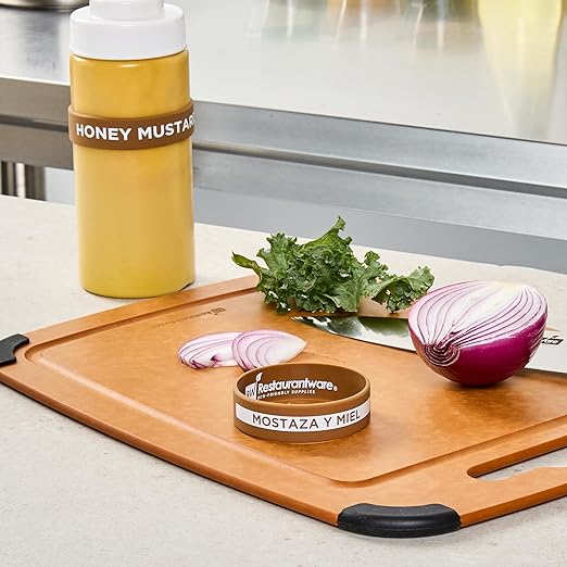 Restaurantware Silicone Squeeze Bottle Band 10 Count 2.75 Inch Dishwasher Safe Condiment Identification Band, Honey Mustard Brown Non-Slip Label Band for Condiment Labeling at Restaurants, Food Trucks