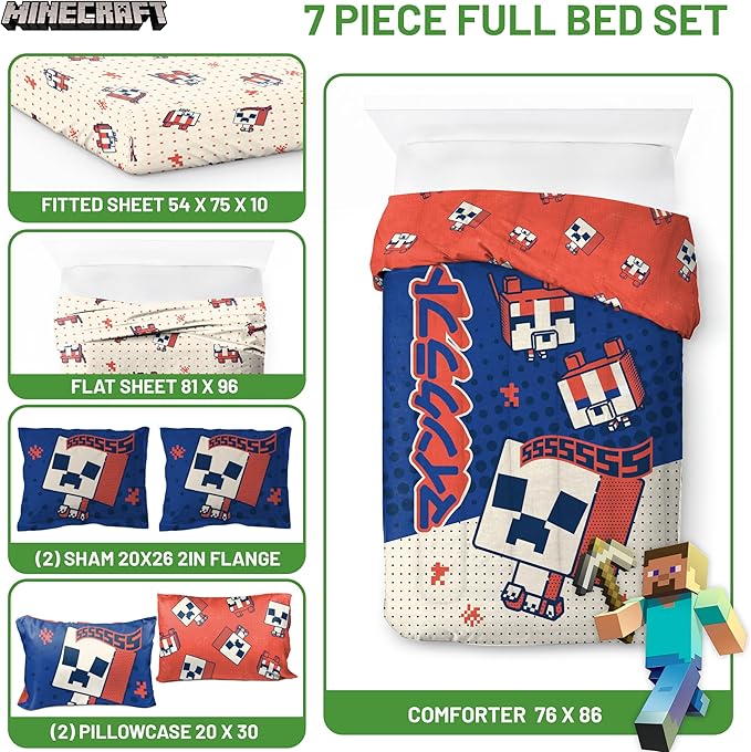 Jay Franco Minecraft Creeper Full Size Comforter Set - 7 Piece Bedding Includes Sheet Set & Pillow Covers - Super Soft Red & Blue Oishi Market Kids Bedding