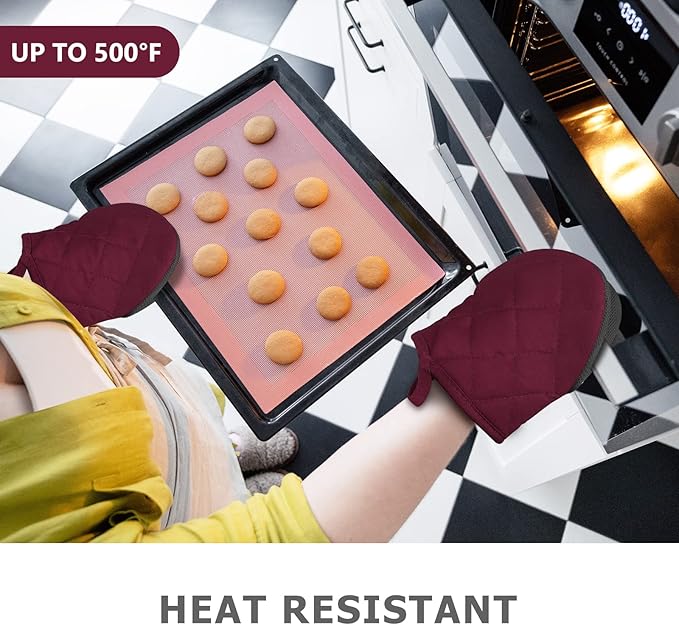 1 Pair Short Oven Mitts - Silicone Kitchen Oven Gloves High Heat Resistant 500℉, Mini Oven Mits with Non-Slip Grip Surfaces and Hanging Loop for BBQ, Baking, Cooking and Grilling (Dark Red)