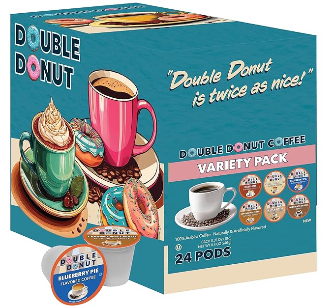 Double Donut Coffee Variety Pack - Recyclable Single Serve Flavored Coffee Pods, 24 Count for Keurig K-Cup Coffee Makers