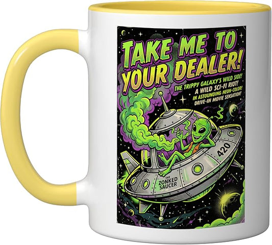 Take Me to Your Cannabis Stoner 420 Alien UFO Sci-Fi Weed Ceramic Mug, Yellow/White