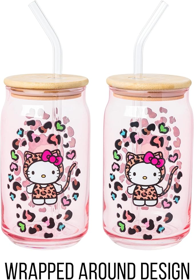 Silver Buffalo Sanrio Hello Kitty in Leopard Print Outfit and Leopard Cat Print Pattern Pink Glass Jar Tumbler with Bamboo Lid and Glass Straw, 16 Ounces