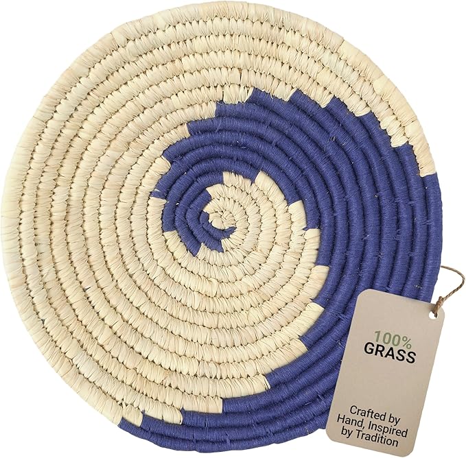 Wicker Village | Handmade Woven Wall Basket Décor | Boho Wall Art | Hanging Accent Rustic Natural Sabai Grass | Blue and Beige | 10" L x 10" W x 2" H