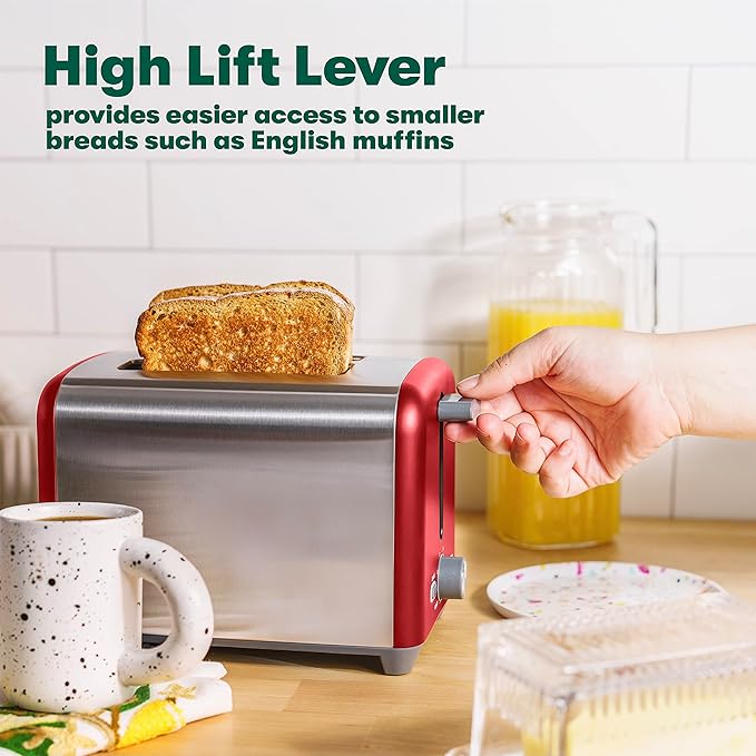 BELLA 2 Slice Toaster, Quick & Even Results Every Time, Wide Slots Fit Any Size Bread Like Bagels or Texas Toast, Drop-Down Crumb Tray for Easy Clean Up, Stainless Steel and Red