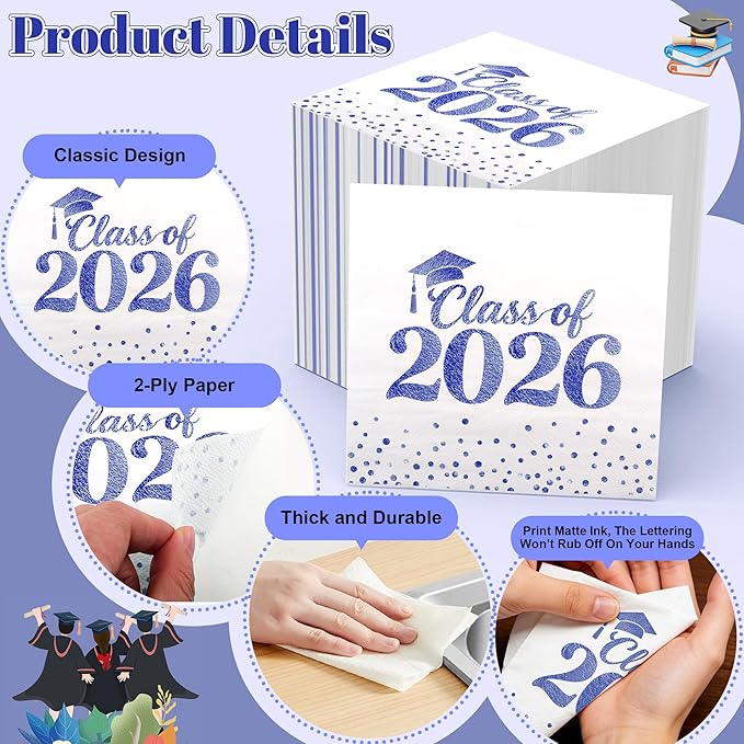 Graduation Napkins - Class of 2026 Napkins Disposable Paper Napkins Congrats Grad Cocktail Napkins Graduation Decorations 2026 Blue Napkins Hand Towels for College Graduation Party Decorations 100 Pcs
