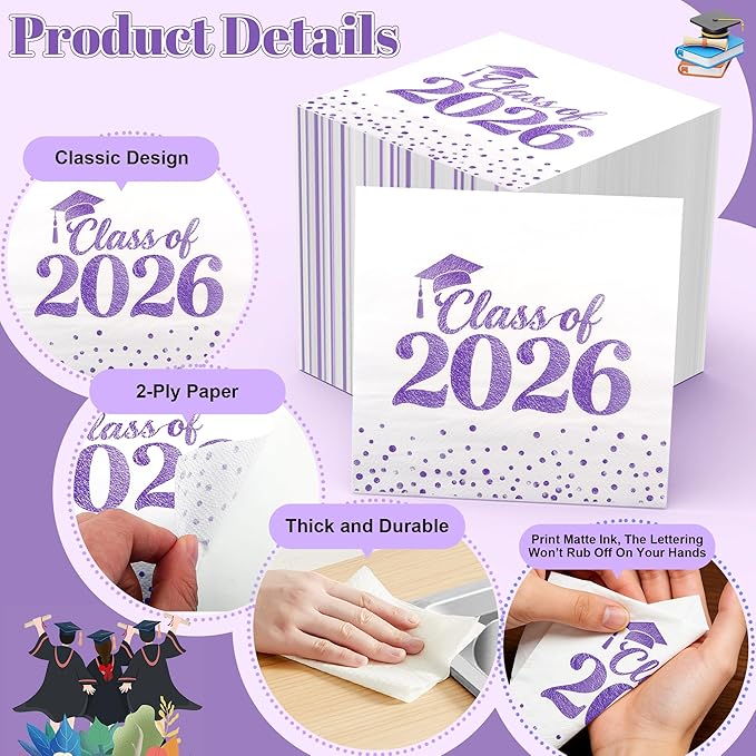 Graduation Napkins Class of 2026 Napkins Disposable Paper Napkins Congrats Grad Cocktail Napkins Graduation Decorations 2026 Purple Napkins Hand Towels for College Graduation Party Decorations 50 Pcs