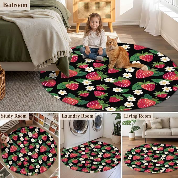 Washable Round Area Rug Red Strawberry Litter Flower Leaves on Black Circle Rugs Floor Carpet for Living Room Bedroom, Summer Fruit Soft Non Slip Round Rug 4ft