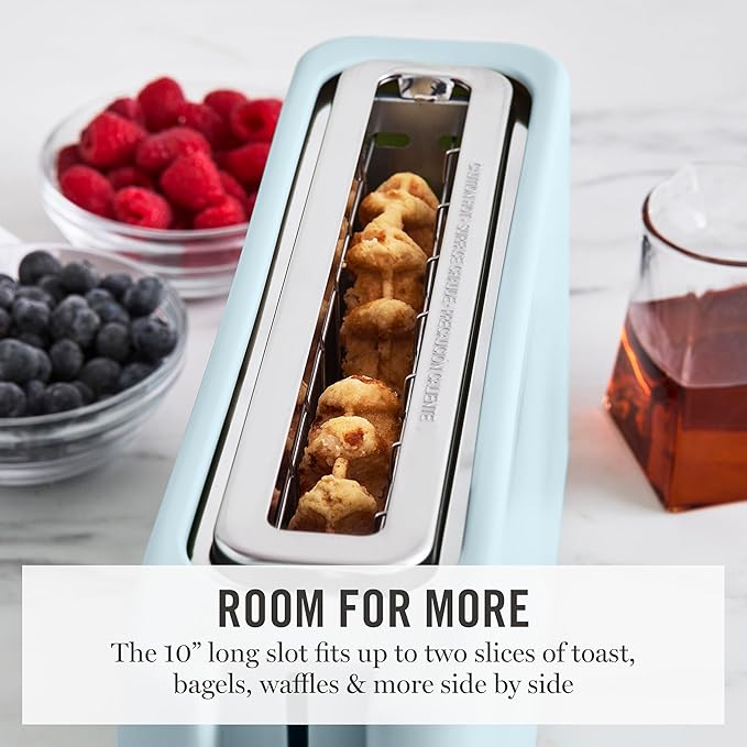 Martha Stewart 2 Slice Long Slot Toaster, Extra Wide for Sourdough & Bagels, 10 Setting Shade Control, Removable Crumb Tray, Self-Centering Design, Defrost/Reheat, Cancel, Slim Space-Saving, Sky Blue