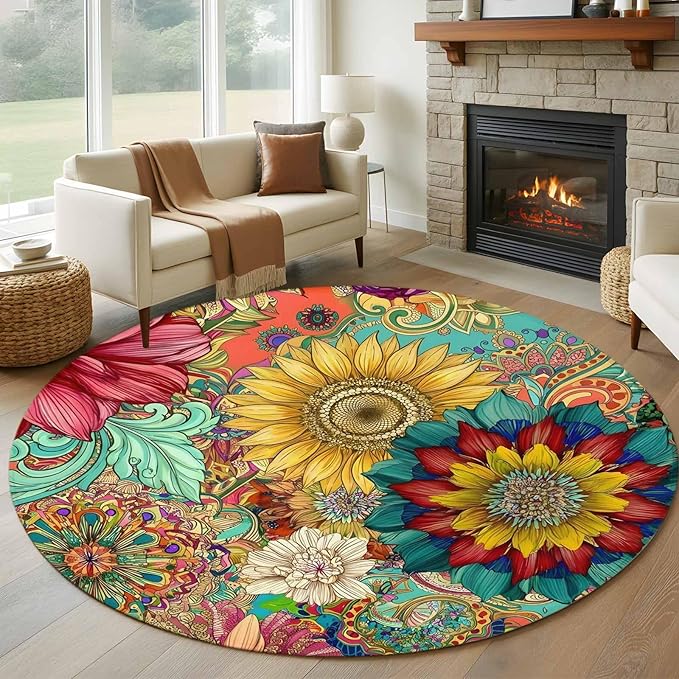 Washable Round Area Rug Boho Colorful Blossom Flower Circle Rugs Floor Carpet for Living Room Bedroom, Country Retro Ethnic Floral Soft Non Slip Round Rug 5ft