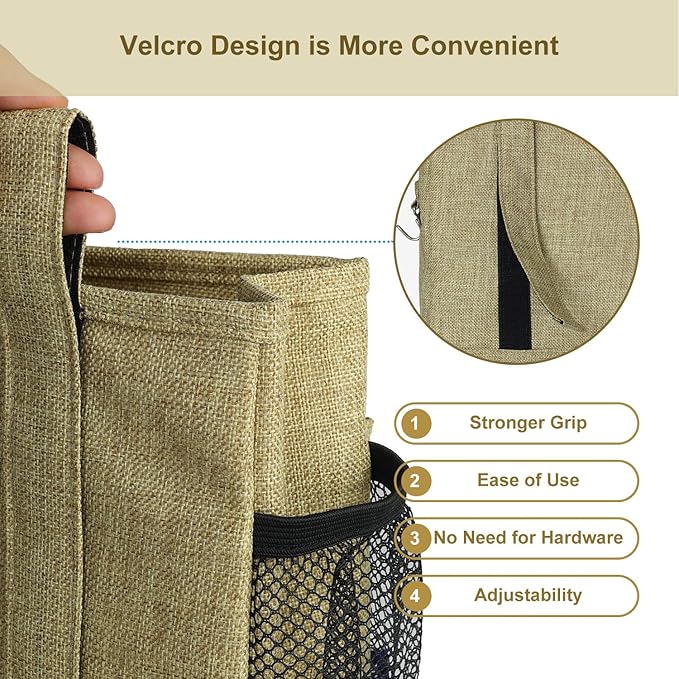 Surblue Bedside Caddy Hanging Bed Organizer Storage Bag Pocket for Bunk and Hospital Beds, College Dorm Rooms Baby Bed Rails, Camp 4 Pockets and 2 Hooks (Small,Linen)