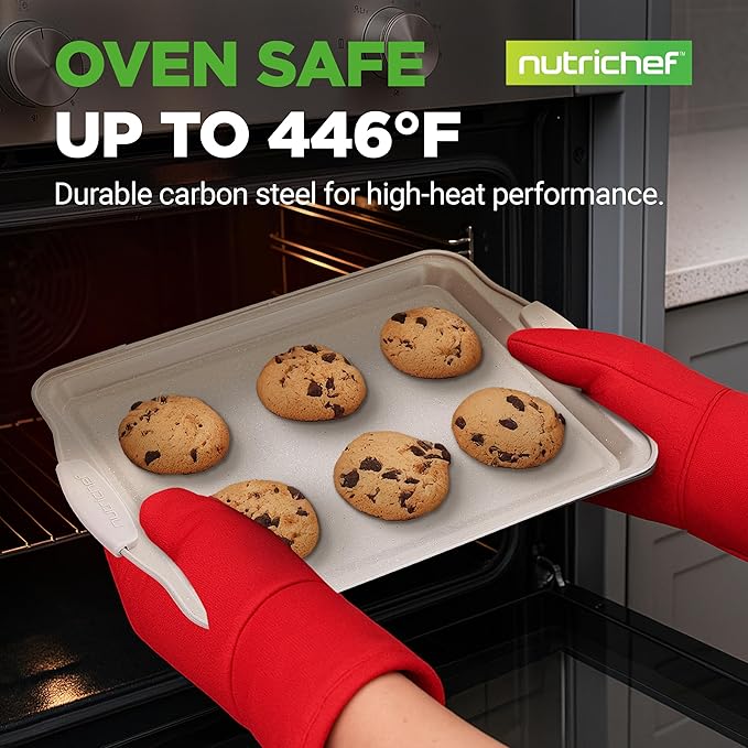 NutriChef 3 Piece Nonstick Cookie Sheets for Baking - Premium Carbon Steel Baking Pans with Black Silicone Handles - Even Heat Distribution, PFOA/PFOS/PTFE Free, Easy to Clean - Cream Marble, NCBKT3CM