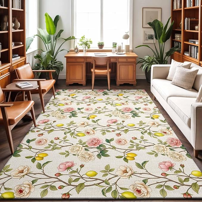 Area Rug 4x6ft, Farmhouse Blossom Flower Leaf Lemon Washable Rugs for Living Room Bedroom, Summer Retro Floral Fruit Soft Non-Slip Area Rugs Rectangle Floor Carpet for Dining Room