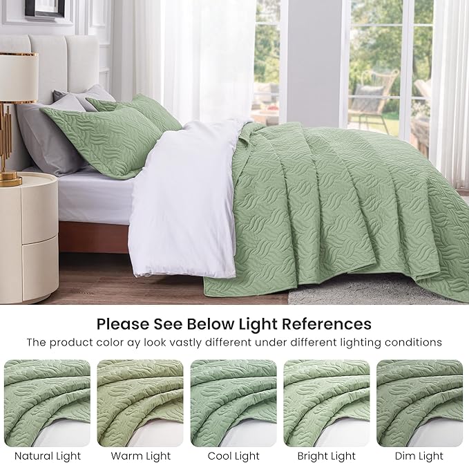 Love's cabin Twin Quilt Bedding Set Sage Bedspreads - Soft Bed Summer Lightweight Bedspread Comforter - Wave Pattern Bedding Coverlet for All Season - 2 Pieces (1 Quilt, 1 Pillow Sham)