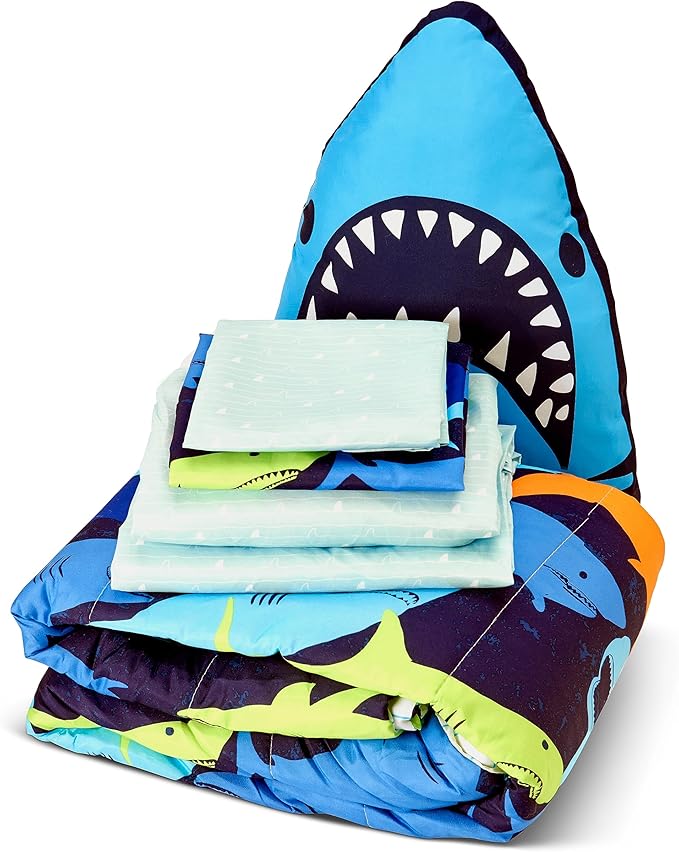 Northwest Classics Twin Sized Shark Adventure 6-Piece Bed in a Bag Set, All Seasons Bedding for Girls and Boys, Comforter, Flat Sheet, Fitted Sheet, Pillowcase, Pillow, Sham