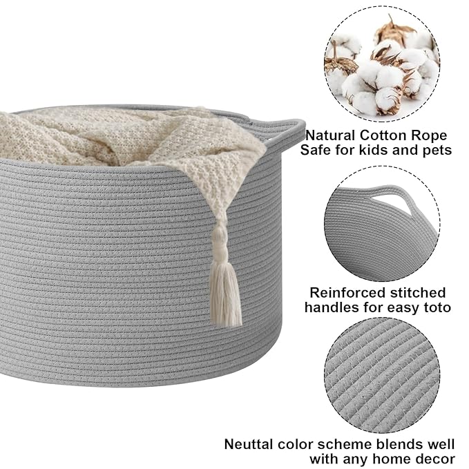 90L Extra Large Blanket Basket,Woven Rope Laundry Basket Hamper with Handles, Decorative Nursery Basket Storage Bin for Toys, Clothes Organizer, Living Room, Bedroom, Bathroom, Light Grey