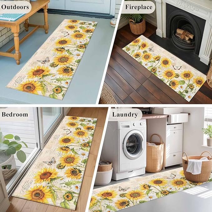 Sunflower Farmhouse 2x6 Kitchen Runner Rug, Retro Floral Butterflies Non-Skid Rubber Backing Large Rectangle Rugs - Living Room Bedroom Home Office, Spring Summer Indoor Floor Mat Carpets Washable Rug