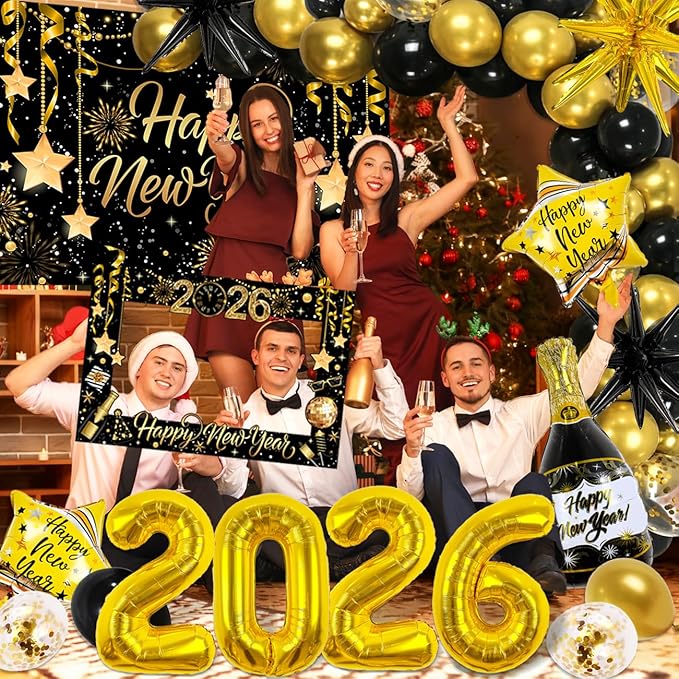 2026 New Years Decorations Black and Gold New Years Eve Balloons 2026 Banner Backdrop,Photo Booth Props,4pcs Cards Boxes Kit for 2026 Eve Party Supplies in Indoor or Outdoor