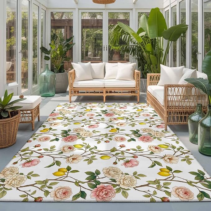 Area Rug 3x5ft, Country Blossom Flower Plant Washable Rugs for Living Room Bedroom, Summer Lemon Leaf Seamless Soft Non-Slip Area Rugs Rectangle Floor Carpet for Dining Room