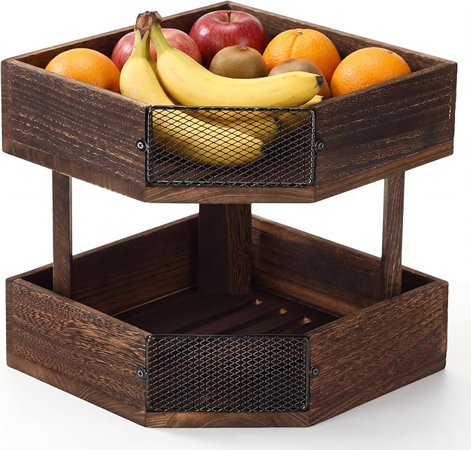 Vicenpal 2 Tier Corner Fruit Basket for Kitchen Countertop Wooden Farmhouse Fruit Bowl Vegetable Basket Produce Stand Storage Holder for Onion Potato, Vegetables, Spice Jars, Bread Storage
