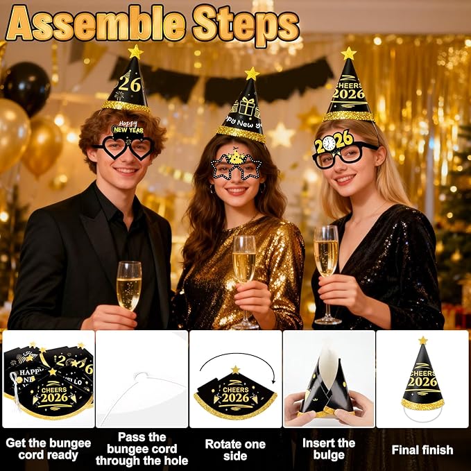 59PCS Happy New Year Party Supplies 2026-New Year Decorations 2026 with Happy New Year 2026 Banner Balloon Paper Glasses Cone Hat Fringe Curtains for Black Gold Happy New Years 2026 Decorations