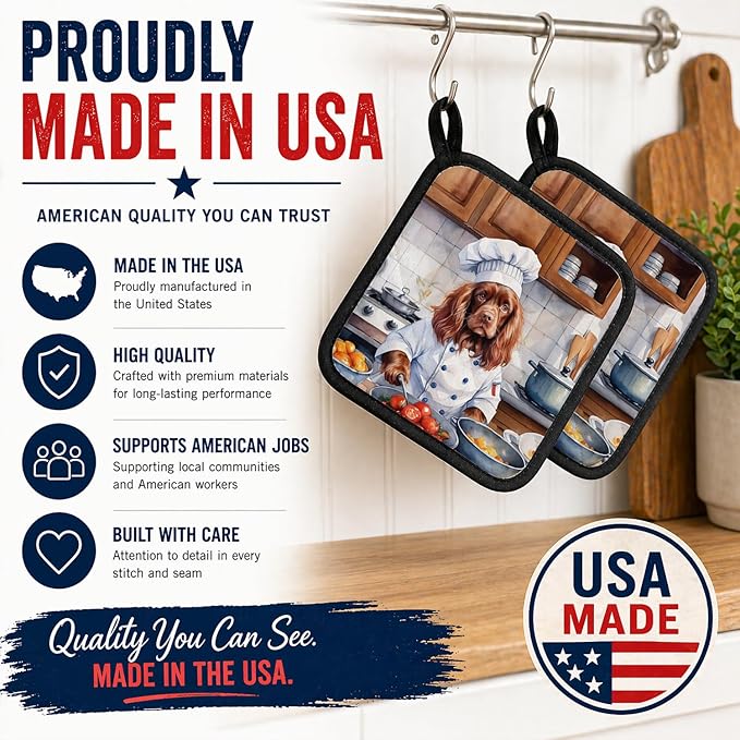 Caroline's Treasures Sussex Spaniel The Chef Pair of Pot Holders Kitchen Heat Resistant Pot Holders Sets Oven Hot Pads for Cooking Baking BBQ, 7 1/2 x 7 1/2