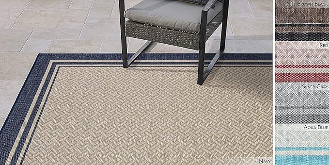 Gertmenian Indoor Outdoor Classic Flatweave Area Rug, Stain & UV Resistant Carpet, Deck, Patio, Poolside & Mudroom, 8x10 Ft Large, Simple Border, Steel Gray Silver, 21942
