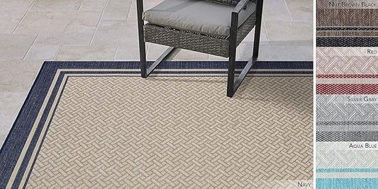 Gertmenian Indoor Outdoor Classic Flatweave Area Rug, Stain & UV Resistant Carpet, Deck, Patio, Poolside & Mudroom, 8x10 Ft Large, Simple Border, Steel Gray Silver, 21942