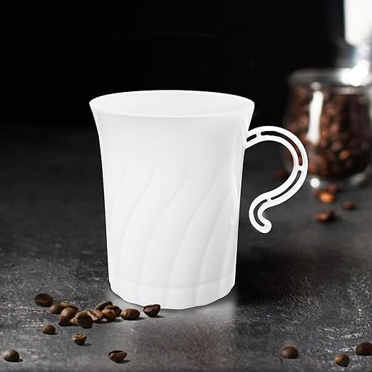 Party Essentials Elegance Plastic Coffee Cup/Tea Mug/Punch Cup w/Handle, 40 Count, 8-Ounce, White