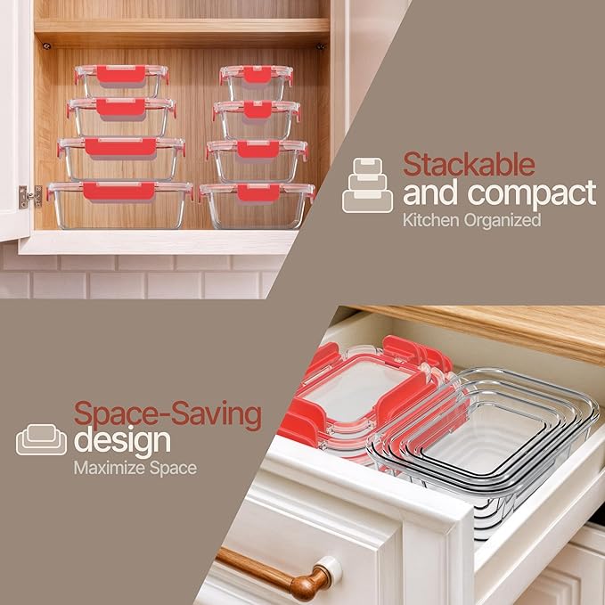 Bakken Borosilicate Glass Food Storage Containers with Lids 16 Pieces, BPA-Free Stackable Lunch & Leftover Containers, Microwave, Freezer & Dishwasher Safe, 100% Airtight Leak-Proof, Red